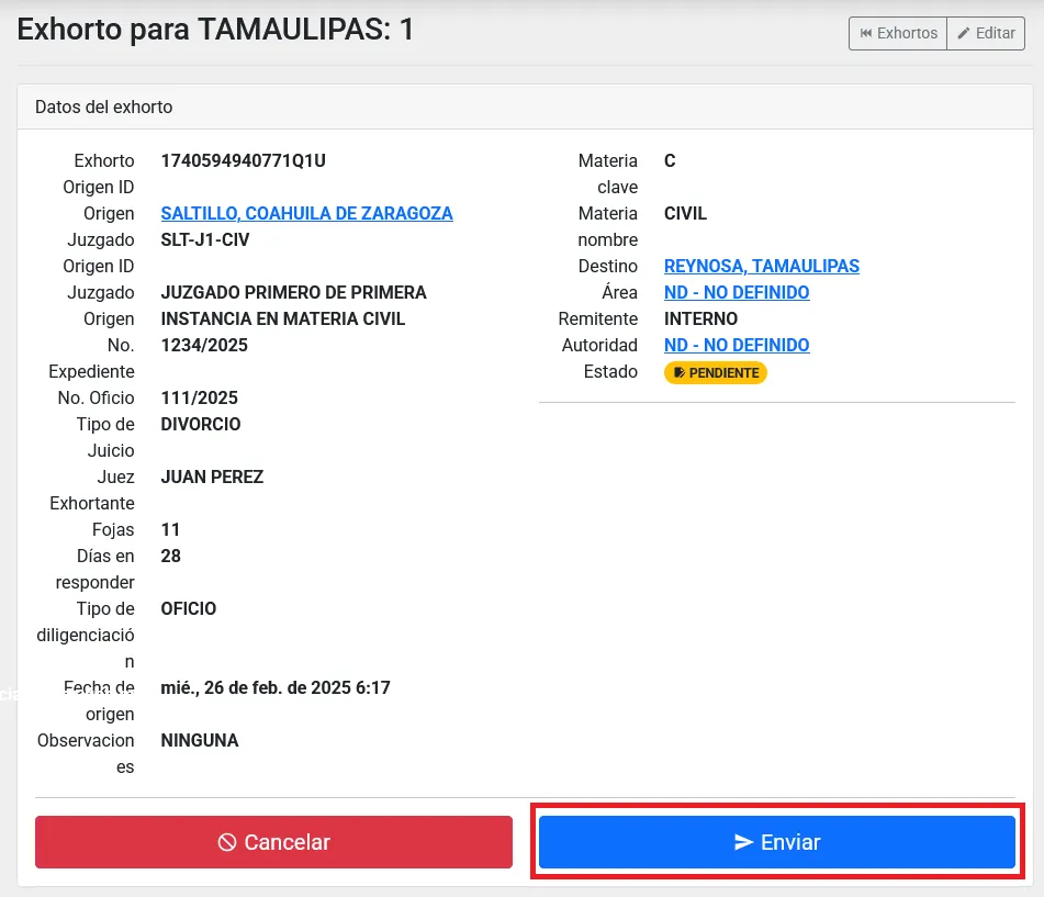 Botón Enviar Exhorto