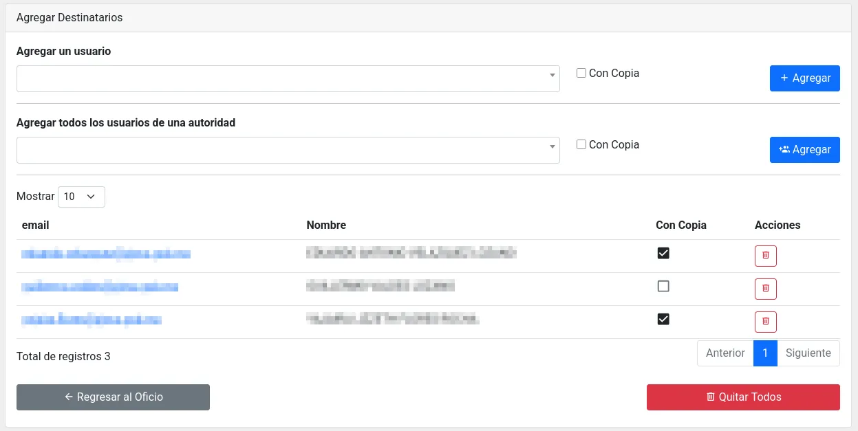 Agregar Destinatarios