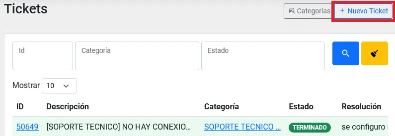 botón nuevo tickets